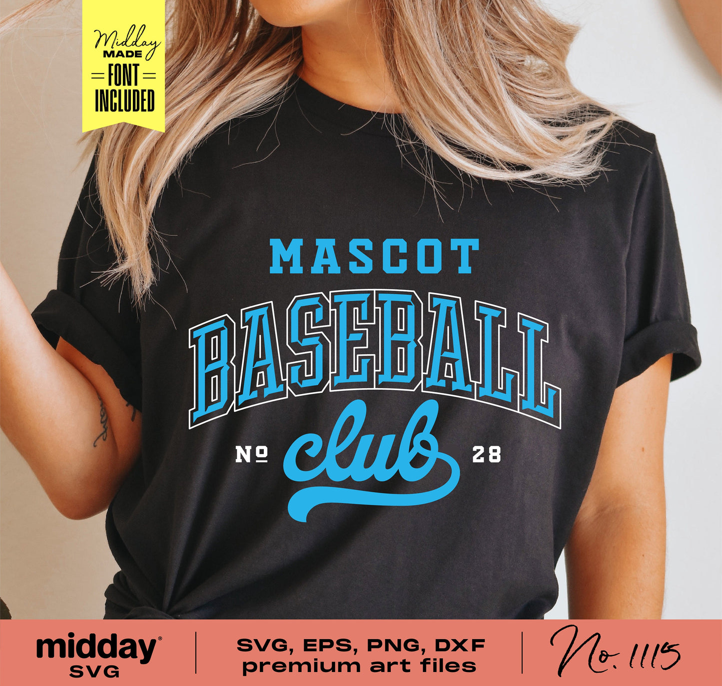 Woman wearing a t-shirt with a baseball team design in blue text, featuring "Mascot Baseball Club." Available in SVG, EPS, PNG, DXF formats.