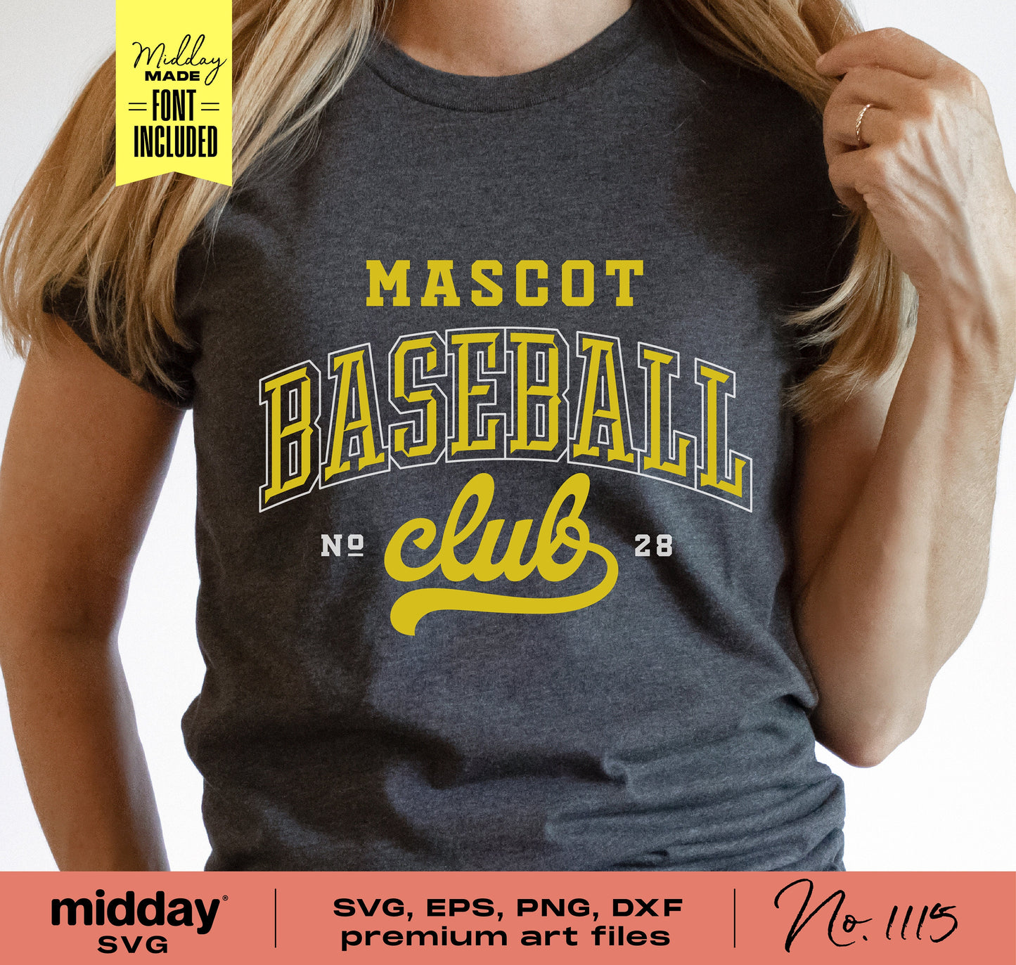 Woman wearing a t-shirt with 'Mascot Baseball Club' design, available in SVG, EPS, PNG, DXF formats for Cricut and Silhouette.