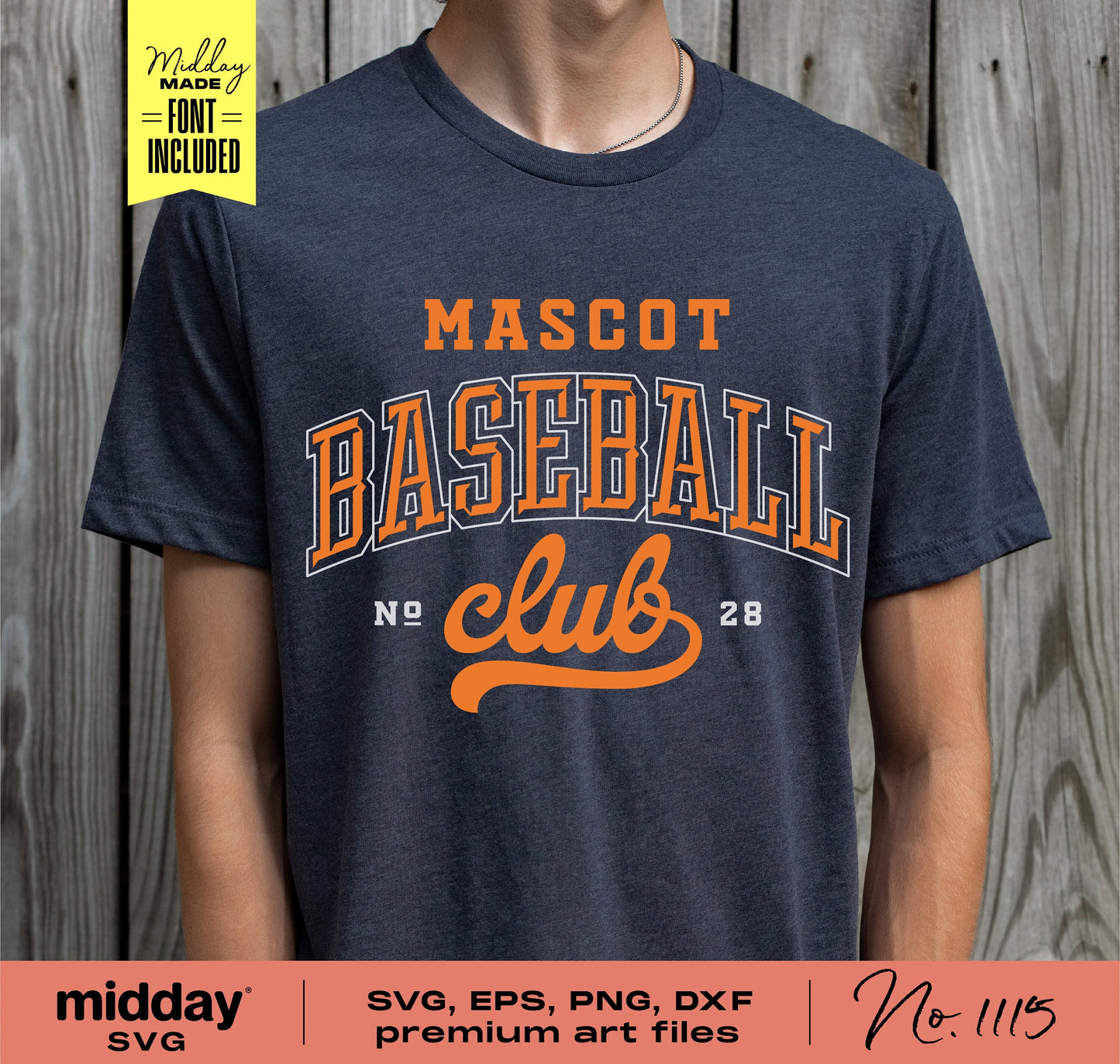 Dark gray t-shirt featuring orange 'Mascot Baseball Club' text design. Includes SVG, EPS, PNG, DXF files for crafting.