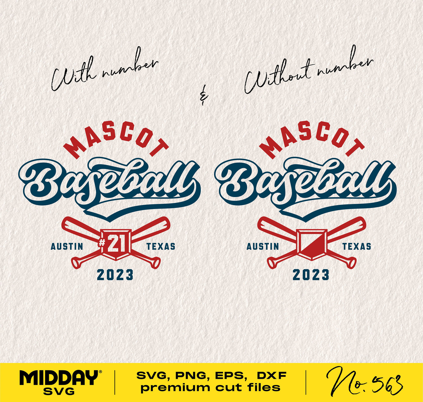 Baseball team logo design template with and without number, featuring crossed bats, customizable for Mascot Baseball team shirts.