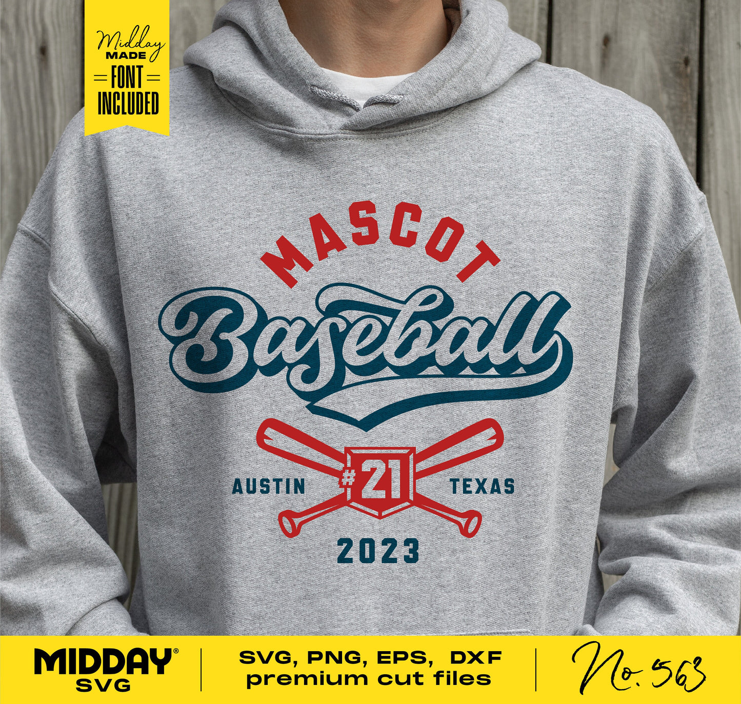 Grey hoodie with 'Mascot Baseball' design, featuring crossed bats and number 21, includes SVG, PNG, EPS, DXF files for Cricut and Silhouette.