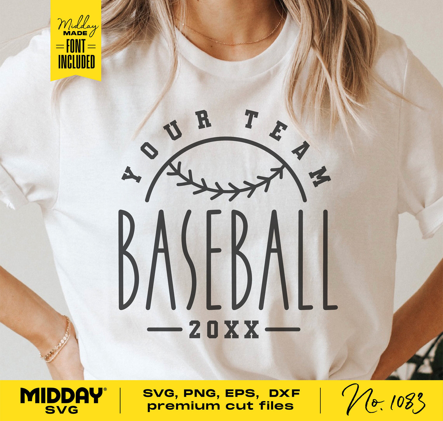 Baseball team shirt template with customizable SVG, PNG, DXF files, featuring "Your Team Baseball 20XX" design for DIY projects.