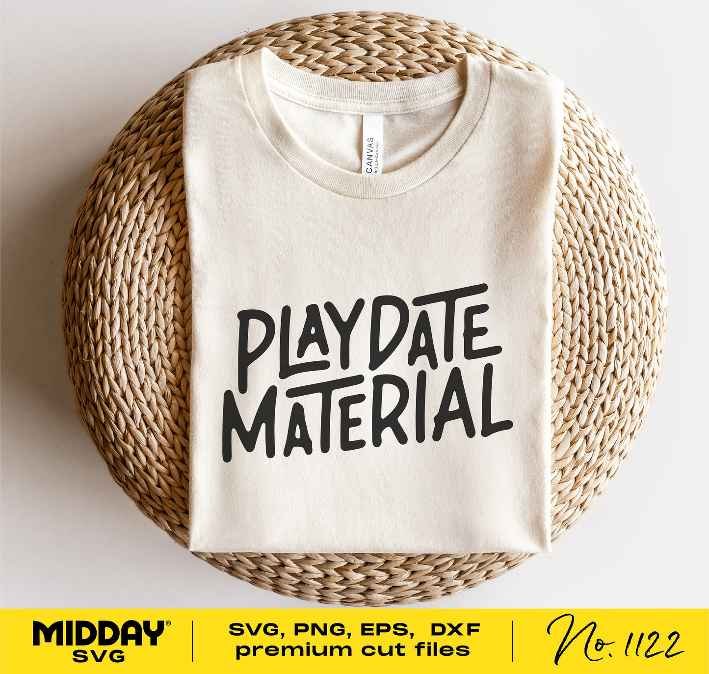 Beige T-shirt with 'Playdate Material' text, perfect for Cricut and Silhouette SVG projects, includes SVG, DXF, PNG, and EPS files.