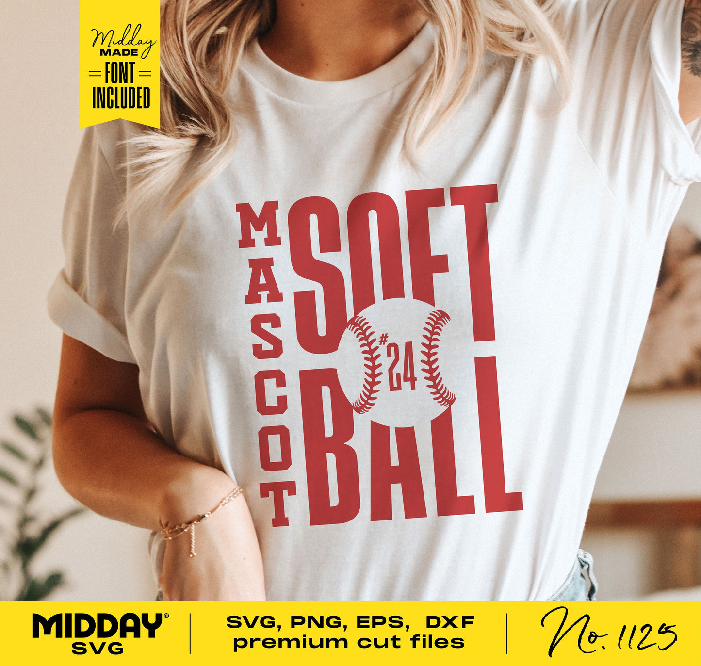 Woman wearing a white T-shirt with a red softball team design, including SVG, PNG, EPS, DXF files. Template for DIY shirt and tumbler crafts.