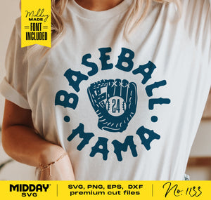 "Baseball Mama" SVG design on shirt with glove and player number, Cricut cut file for DIY projects, suitable for Silhouette sublimation.