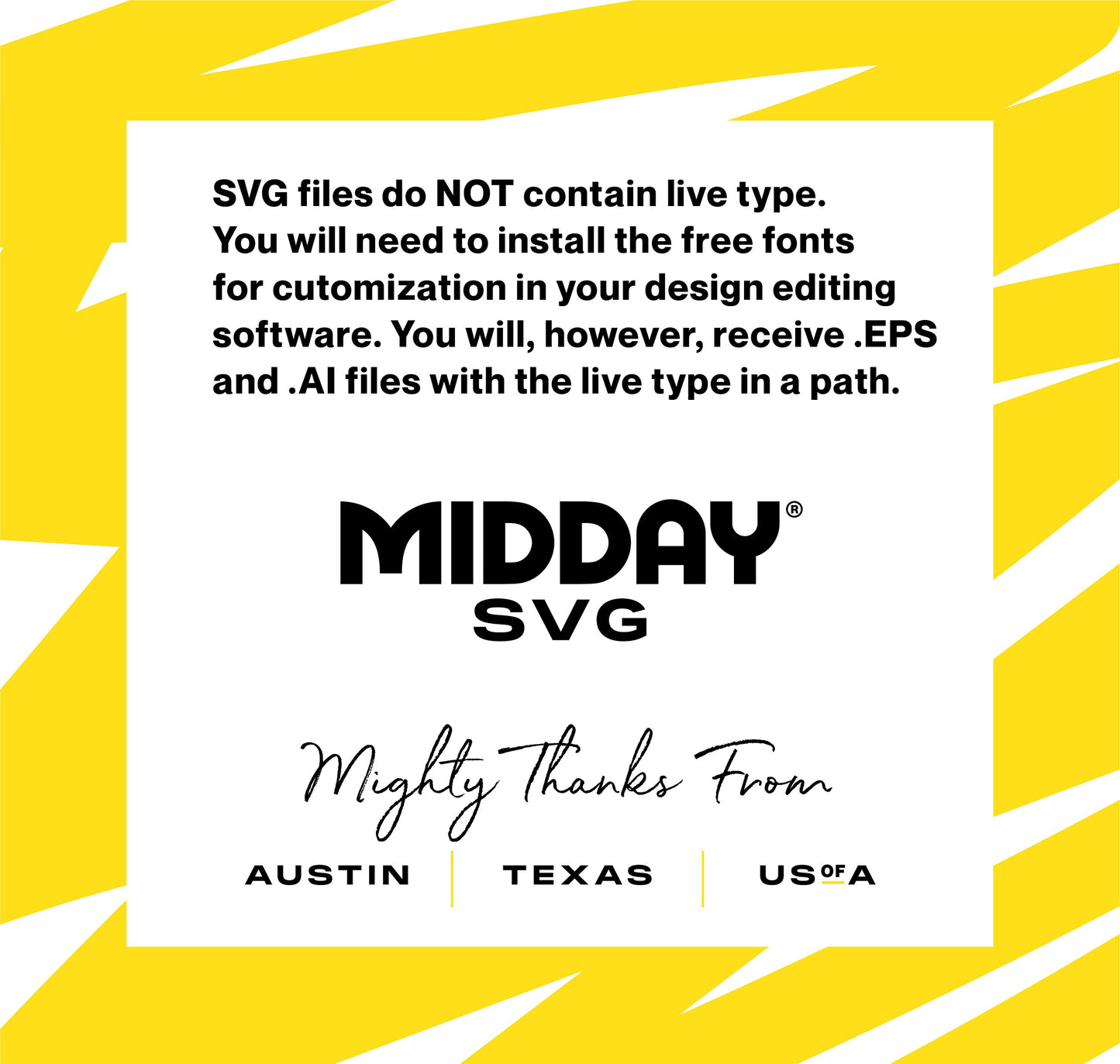 SVG file format warning with MIDDAY SVG logo and decorative text from Austin, Texas, USA.