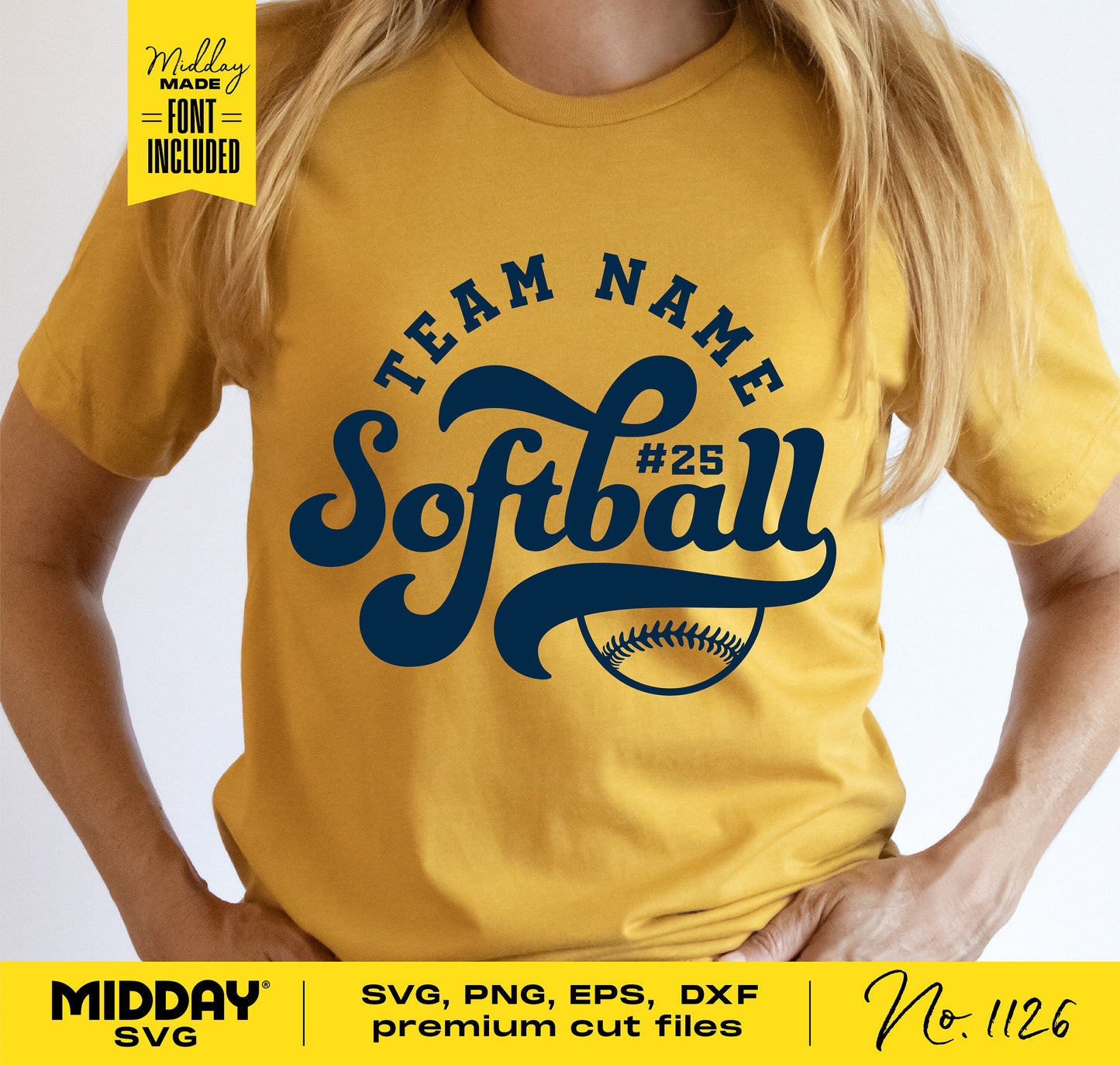 Yellow t-shirt with retro softball team design and customizable font, suitable for Cricut and Silhouette projects.