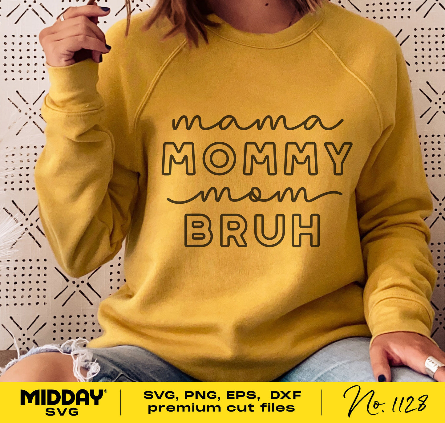 Woman wearing yellow sweater with 'Mama Mommy Mom Bruh' design, ideal for Cricut and Silhouette crafting, Mother's Day gift idea.