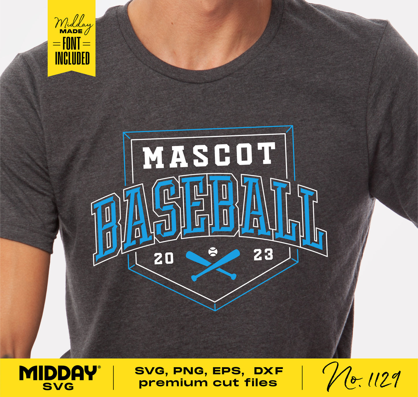 Gray t-shirt with 'Mascot Baseball 2023' logo, featuring crossed baseball bats and ball, for Cricut and Silhouette cut files.