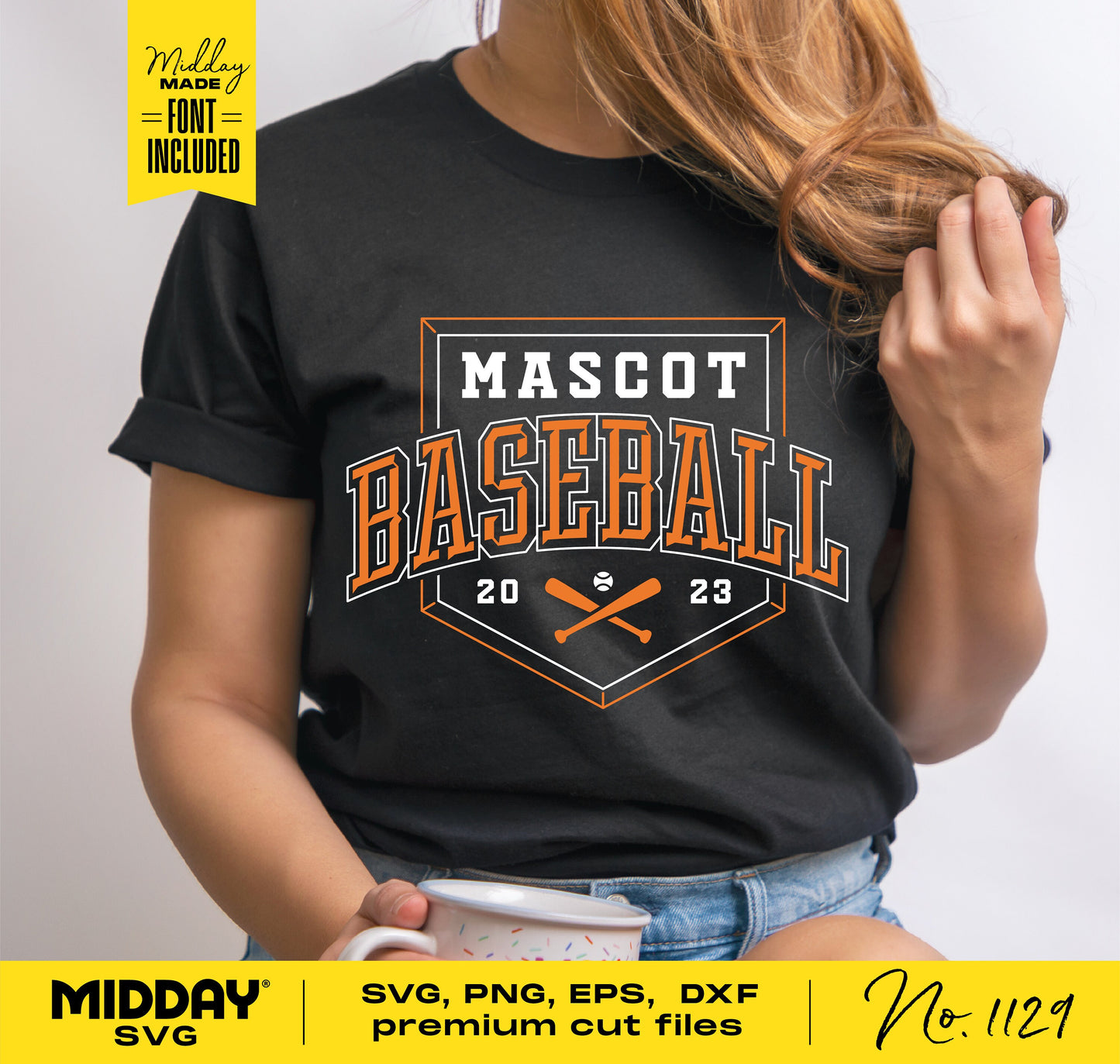 Woman wearing t-shirt with 2023 mascot baseball logo, SVG PNG DXF EPS files, ideal for Cricut and Silhouette crafting.