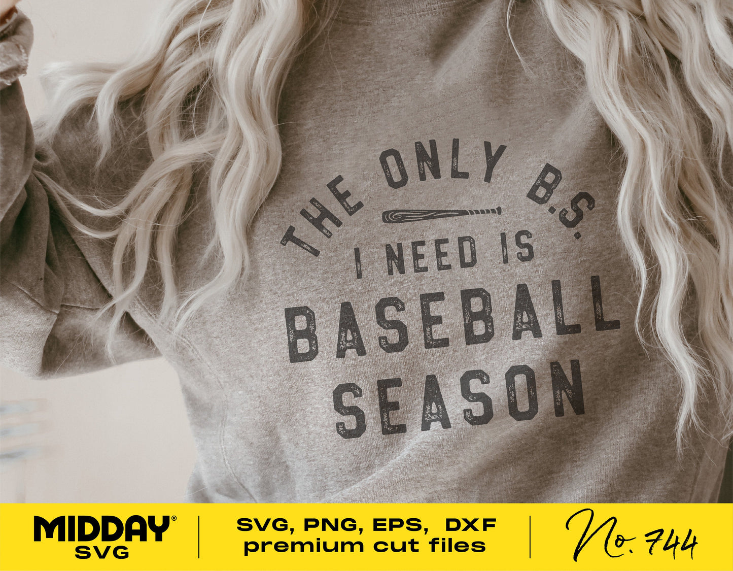 "The Only BS I Need is Baseball Season" shirt worn by woman, featuring SVG, PNG, EPS, DXF premium cut files by Midday SVG.