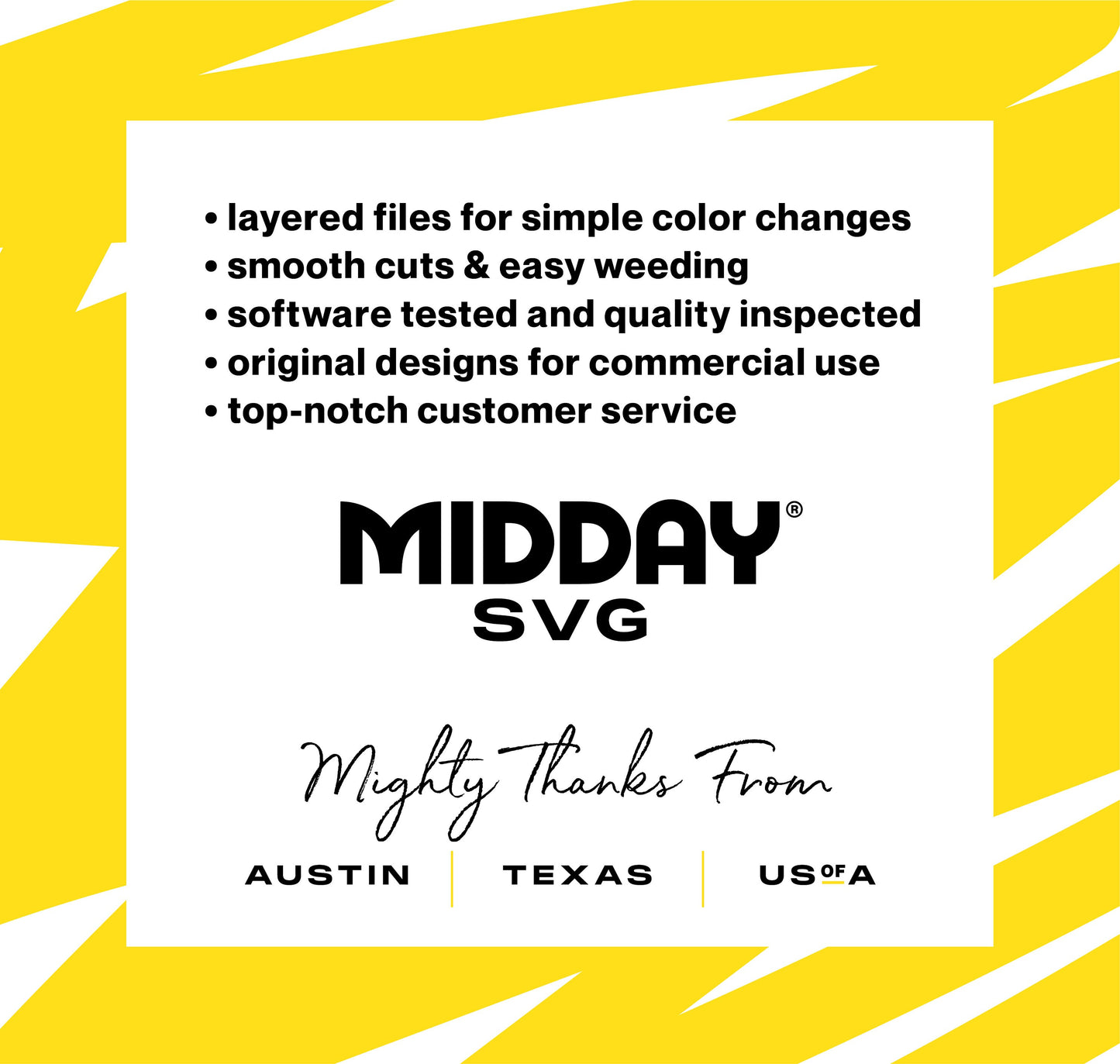 Midday SVG features layered files, smooth cuts, quality software testing, original designs, and top-notch service from Austin, Texas.