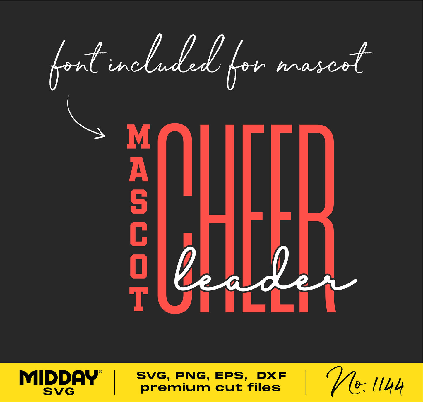 Cheerleader SVG design template with matching mascot font for Cricut and Silhouette, includes SVG, PNG, EPS, DXF formats.