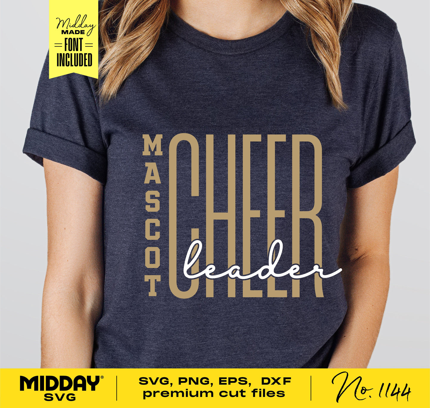 Woman wearing a shirt with "Mascot Cheerleader" design in gold and white text, suitable for Cricut and Silhouette cutting.