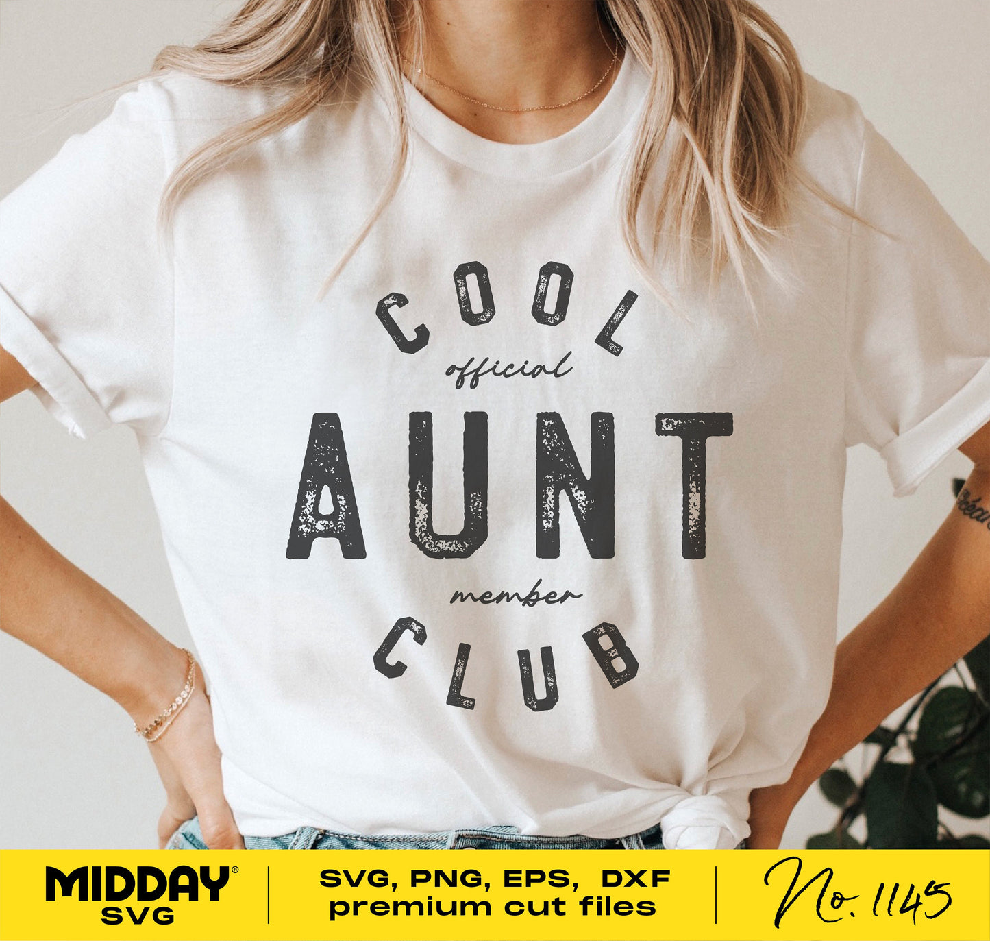 White t-shirt with 'Cool Aunt Club' text, perfect for gifts or DIY projects, available as SVG, PNG, EPS, and DXF files.