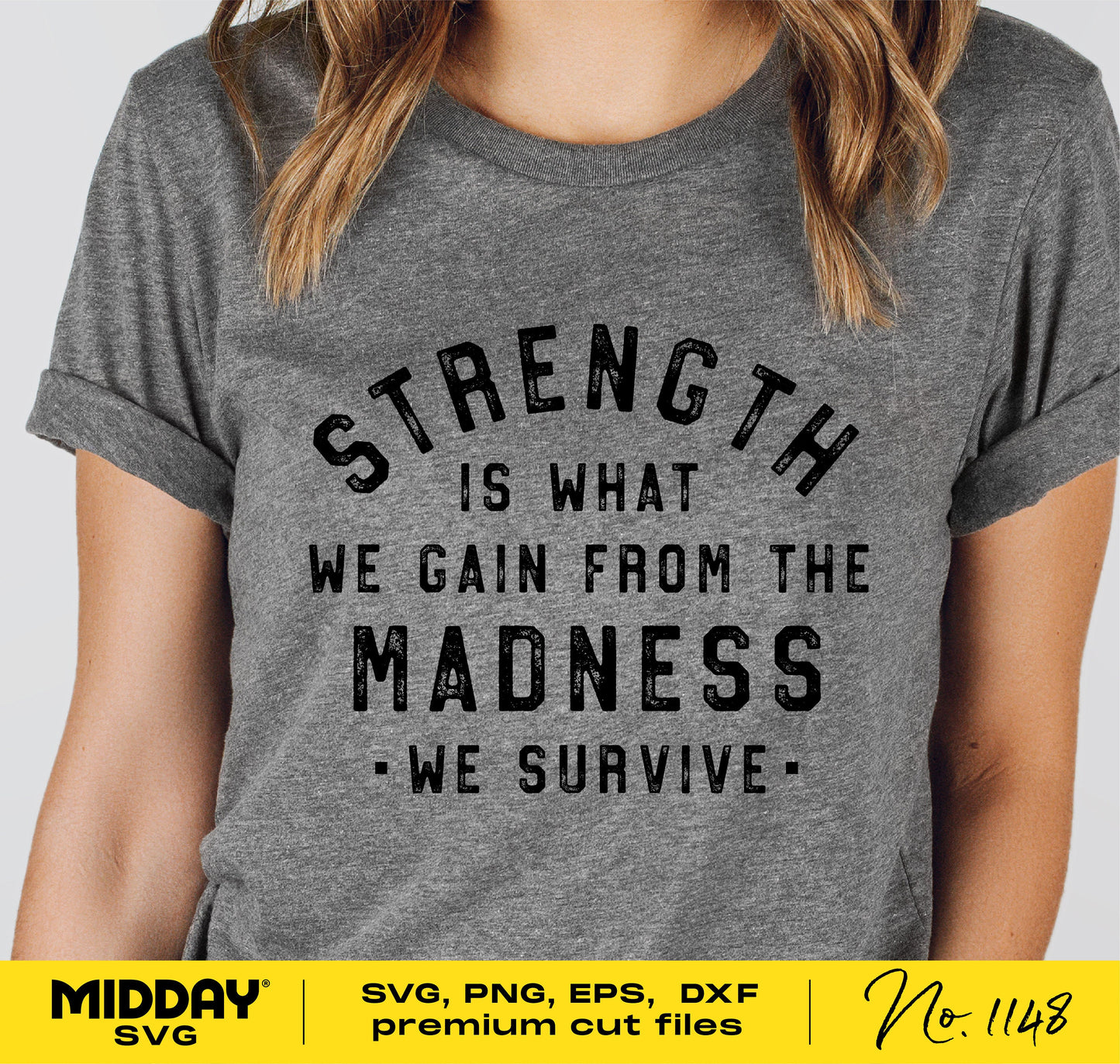Gray shirt featuring the quote 'Strength is What We Gain From the Madness We Survive' in bold lettering, inspirational and motivational SVG design.