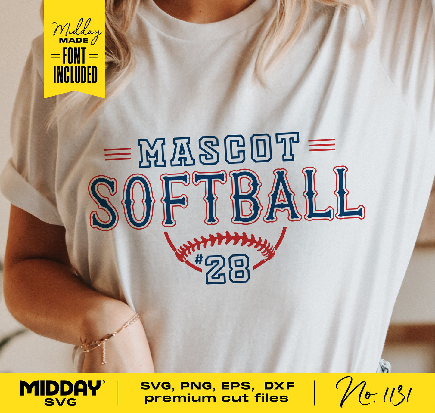 Woman wearing a shirt with 'Mascot Softball #28' design, showcasing SVG cut file for Cricut and Silhouette crafting projects.