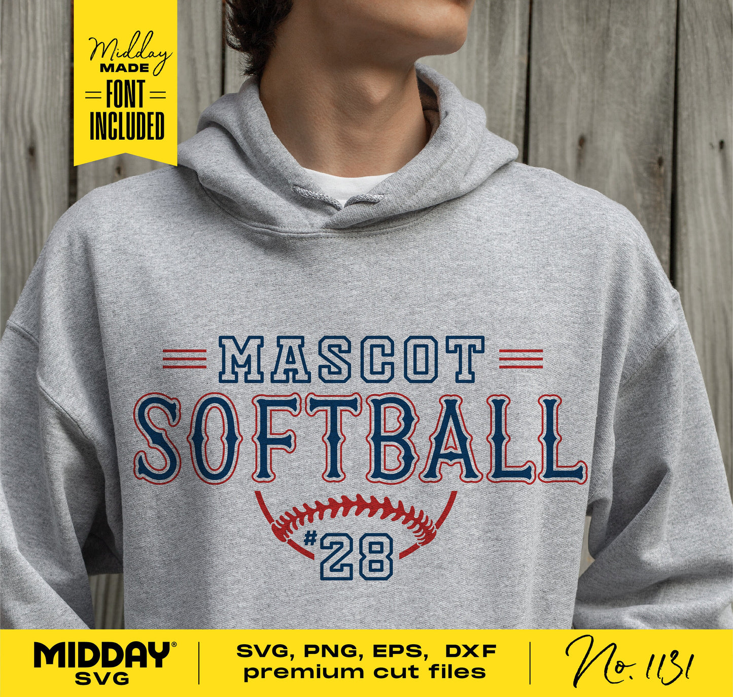 Gray hoodie with custom softball team logo design from SVG cut file, featuring 'Mascot Softball #28', ideal for Cricut and Silhouette.