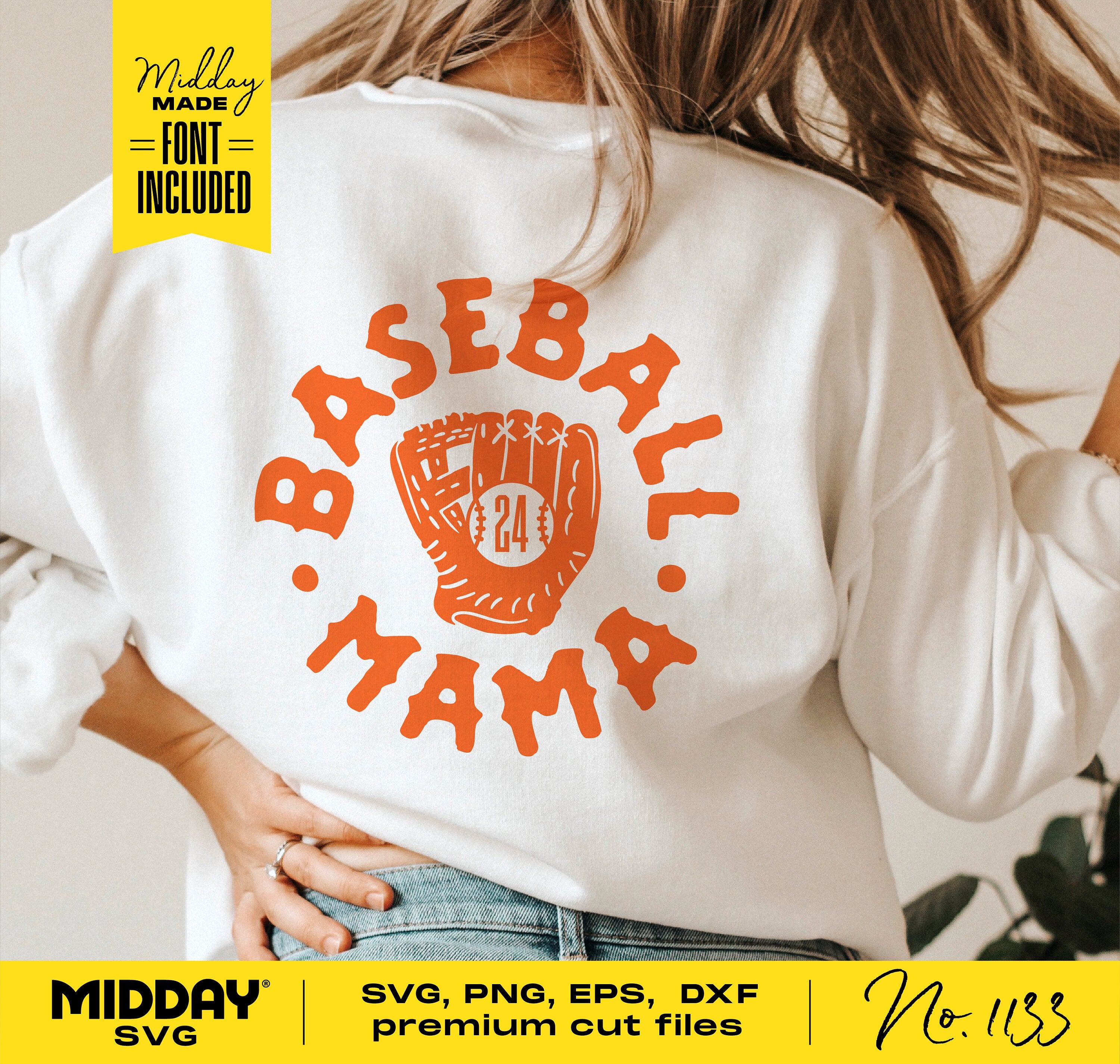 Woman wearing a white shirt with "Baseball Mama" text and a baseball glove graphic, featuring various digital cut file formats available at Midday SVG.