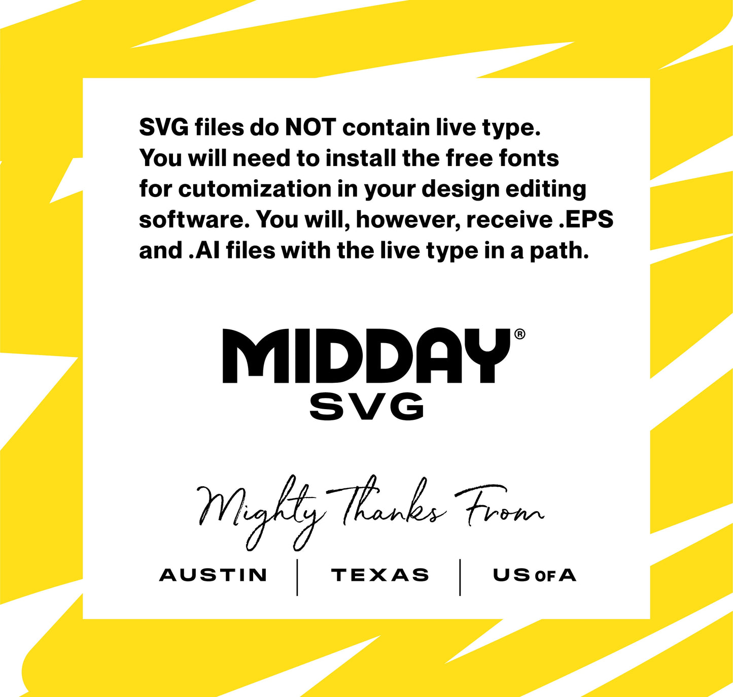 SVG file disclaimer and logo from Midday SVG, emphasizing font installation and file format details, with a yellow zigzag background.