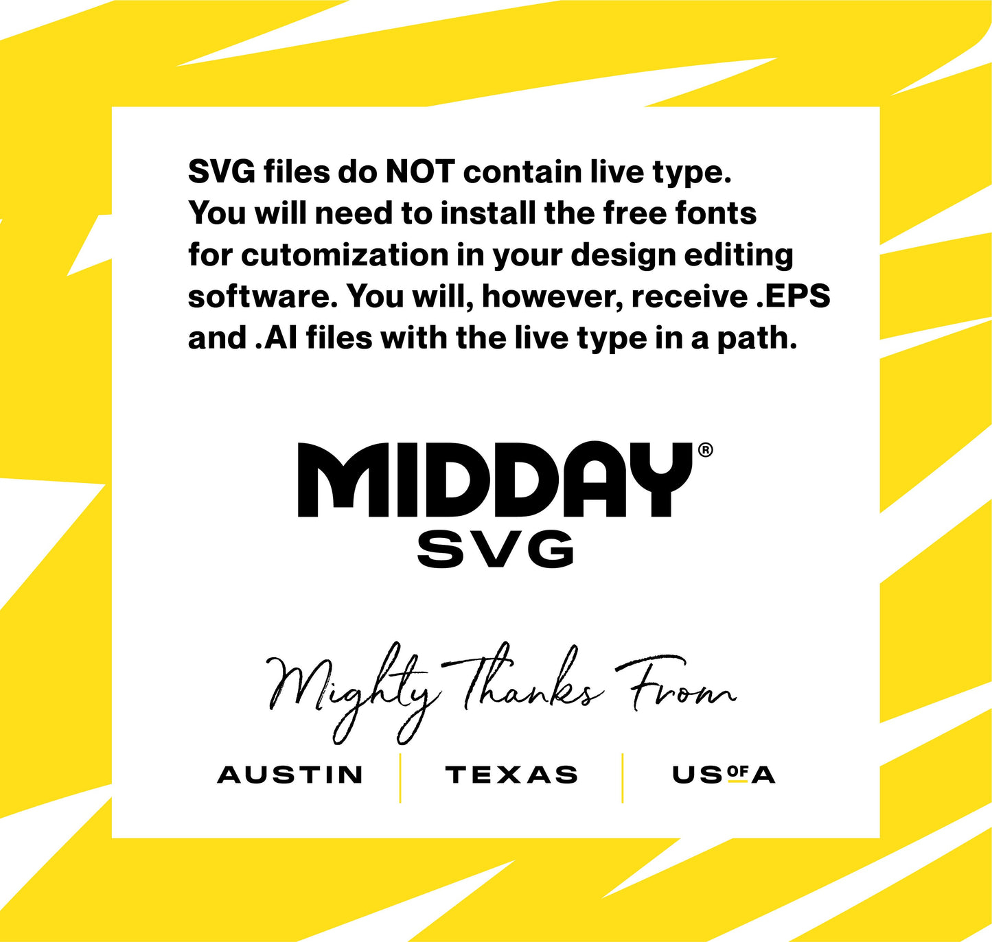 SVG file customization instructions from Midday SVG, highlighting font installation for design editing, with Austin, Texas mentioned.