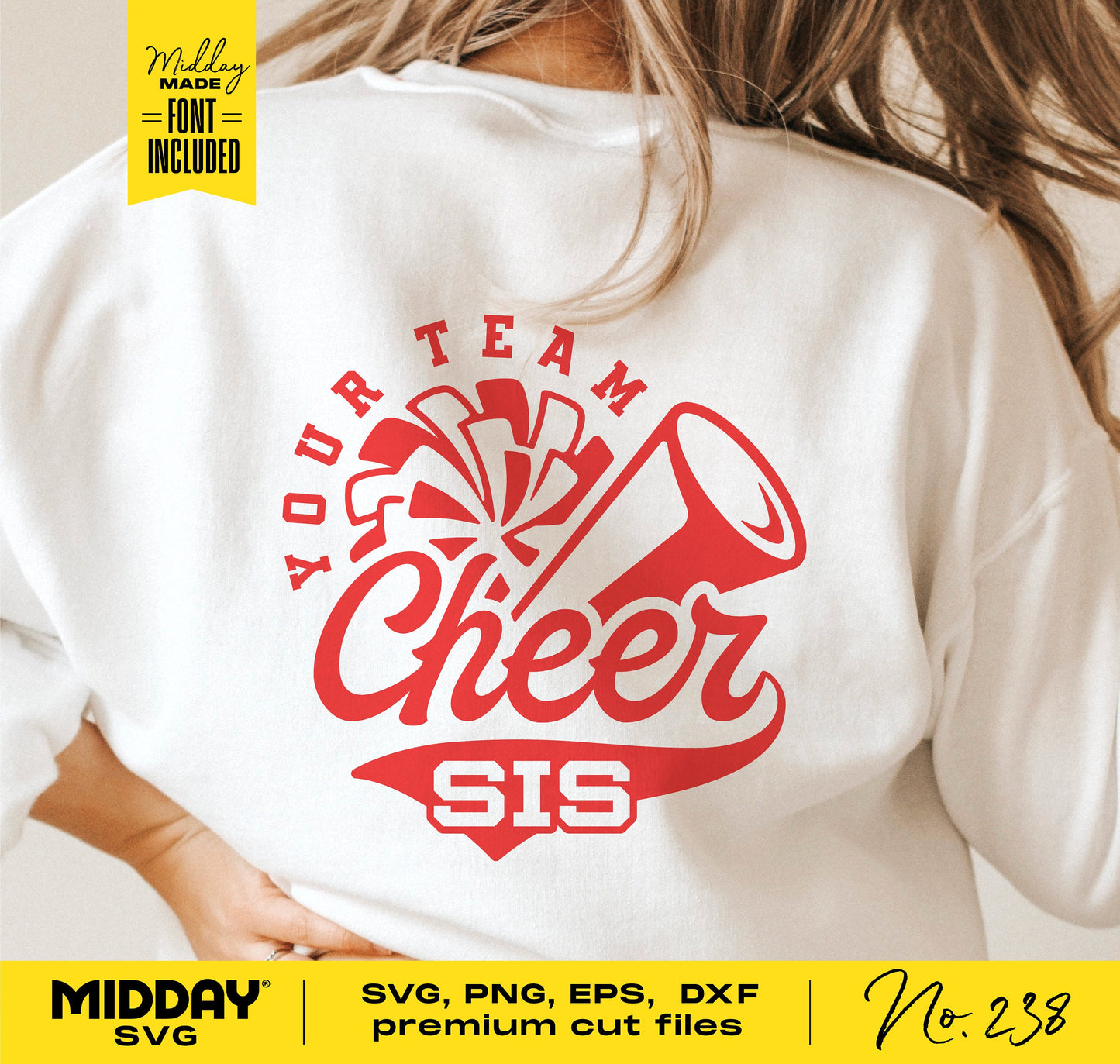 Cheer Sister SVG design on shirt with megaphone and pom-pom graphics, includes SVG, PNG, EPS, DXF files for Cricut and Silhouette.