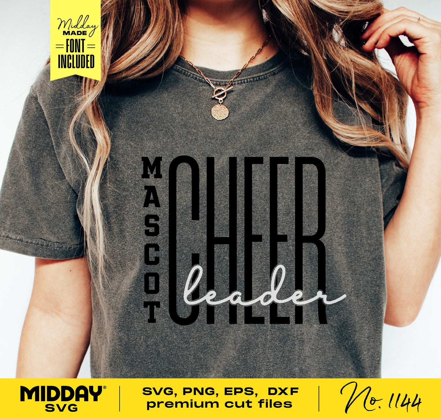 Woman wearing a shirt with 'Mascot Cheerleader' design, usable for Cricut and Silhouette. Includes SVG, PNG, EPS, DXF formats.
