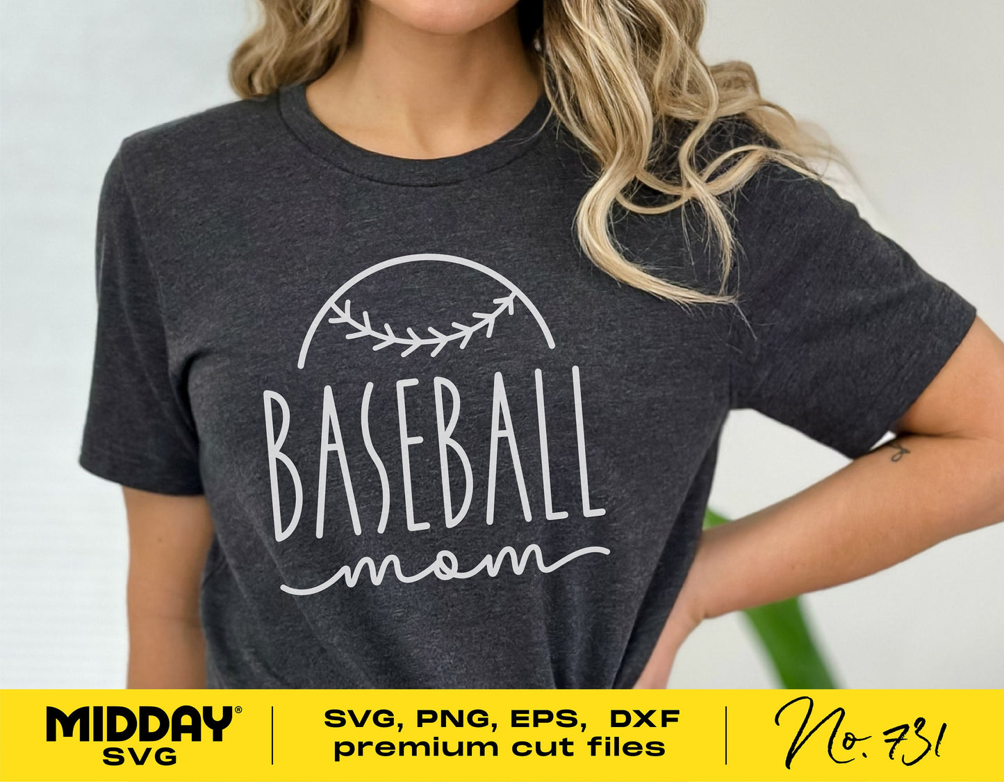 Woman wearing a 'Baseball Mom' shirt with SVG, PNG, EPS, DXF cut files displayed at the bottom.