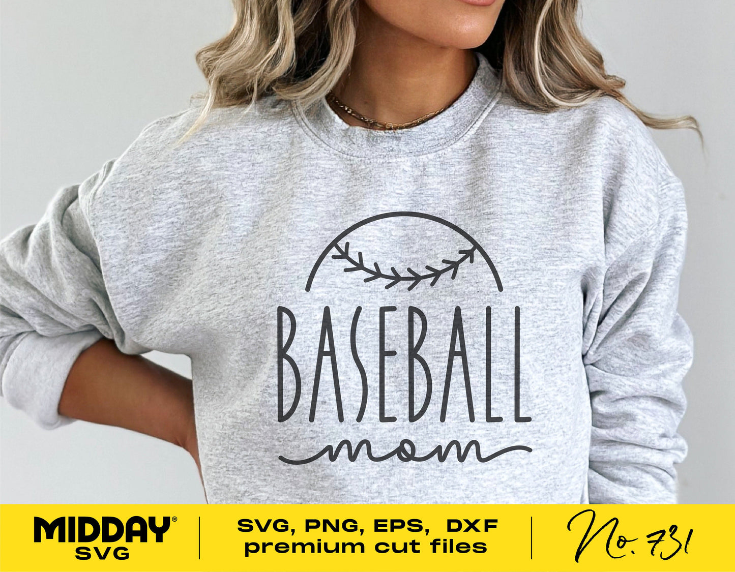 Woman wearing gray sweatshirt featuring 'Baseball Mom' design, available in SVG, PNG, EPS, and DXF formats for Cricut and Silhouette.