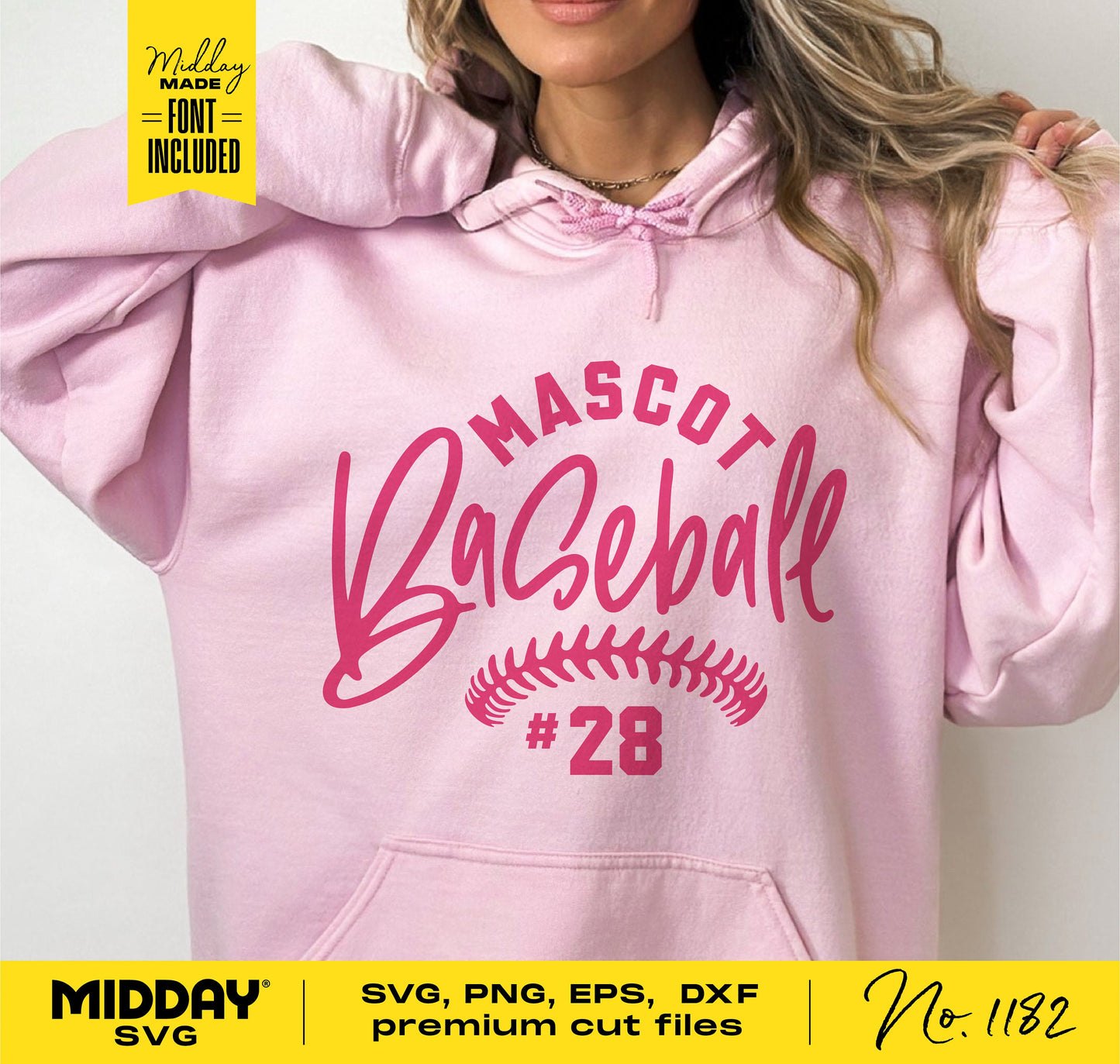 Pink hoodie featuring 'Mascot Baseball #28' energetic script design, SVG PNG EPS DXF template, ideal for baseball mom and team shirts.