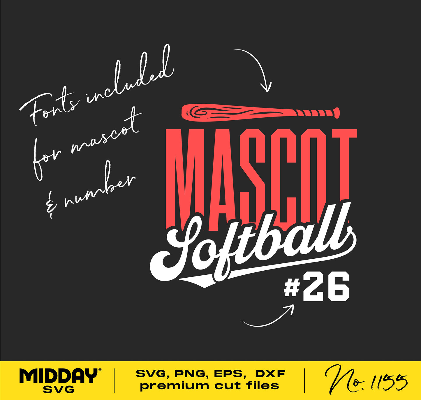 Softball team logo design with bat, mascot lettering, and number #26 in SVG, PNG, EPS, and DXF formats by Midday SVG.