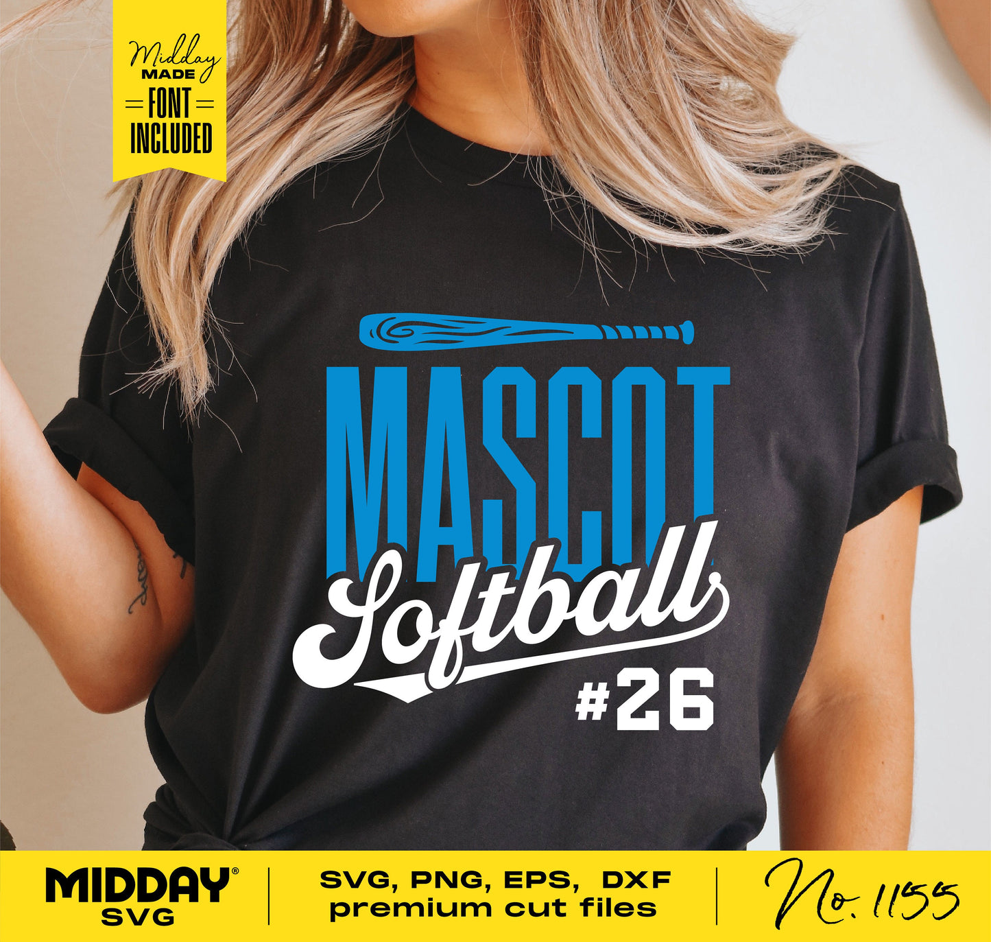 Woman wearing a black shirt with 'Mascot Softball #26' design, showcasing SVG, PNG, EPS, DXF premium cut files for Cricut and Silhouette.