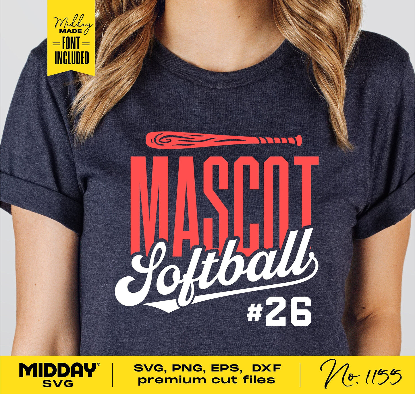 Mascot Softball Team Shirt with Bat and Number Design in SVG, PNG, EPS, DXF Formats. Includes Premium Cut Files for Cricut and Silhouette.
