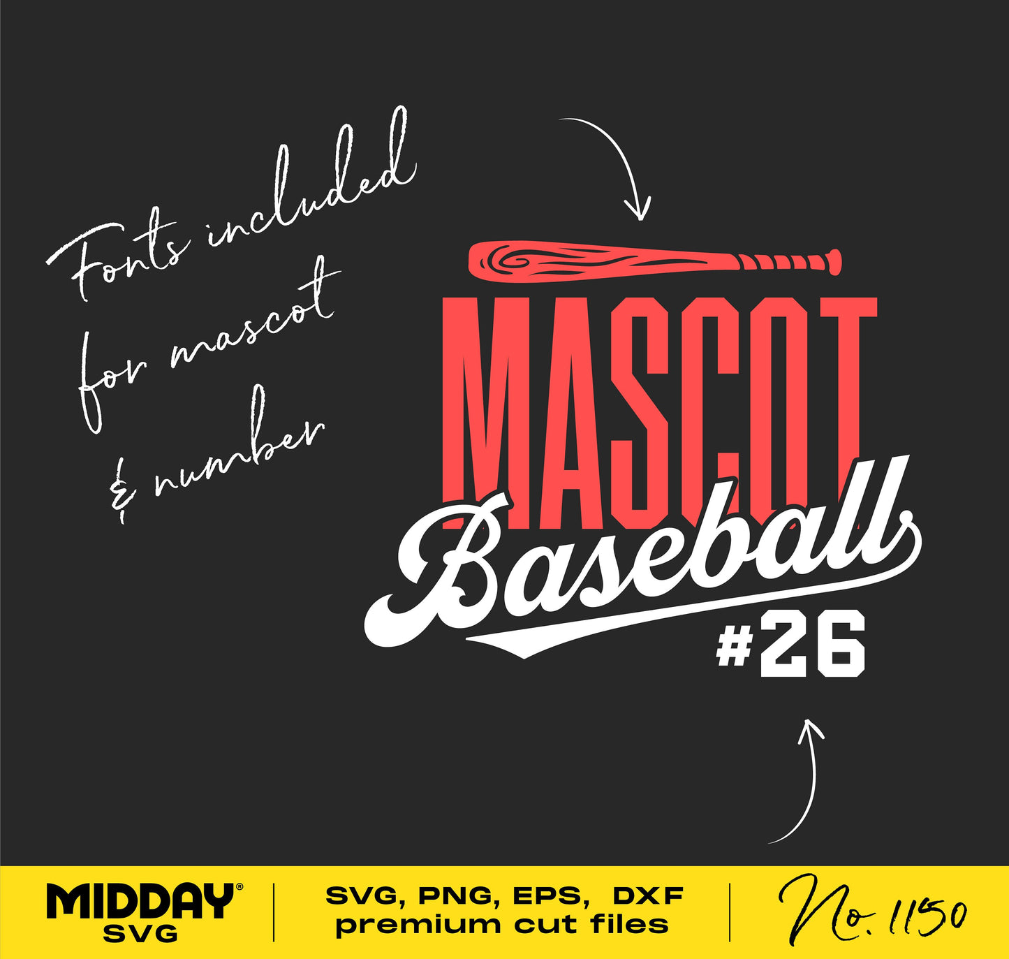 Baseball shirt design template with "Mascot Baseball #26" text, bat graphic, and included fonts for Cricut and Silhouette use.