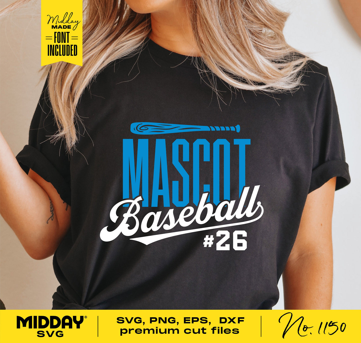 Black shirt with "Mascot Baseball #26" design in blue and white, suitable for Cricut and Silhouette, includes SVG, PNG, EPS, DXF files.