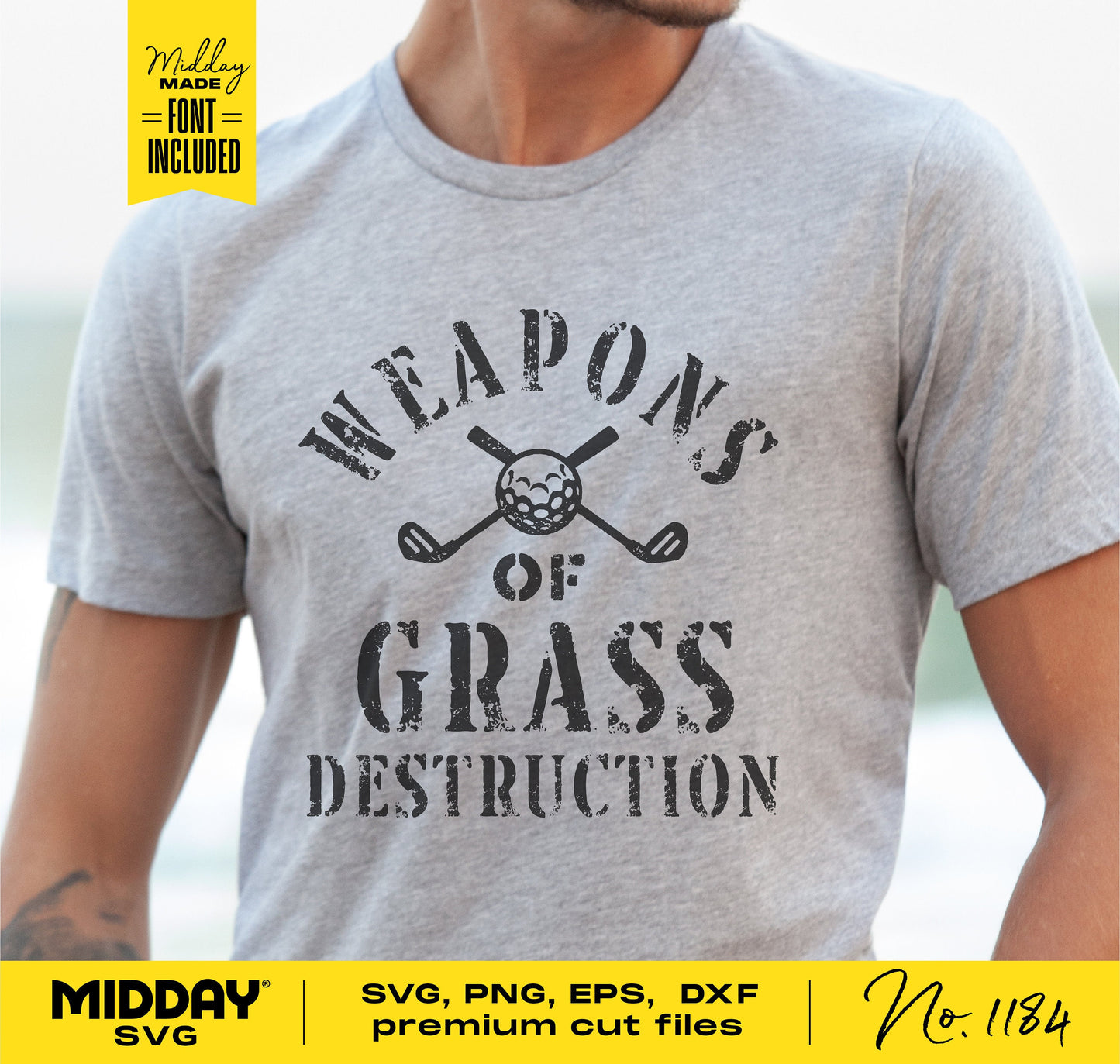 Man wearing a gray t-shirt with 'Weapons of Grass Destruction' golf quote, suitable for Cricut and Silhouette cutting projects.