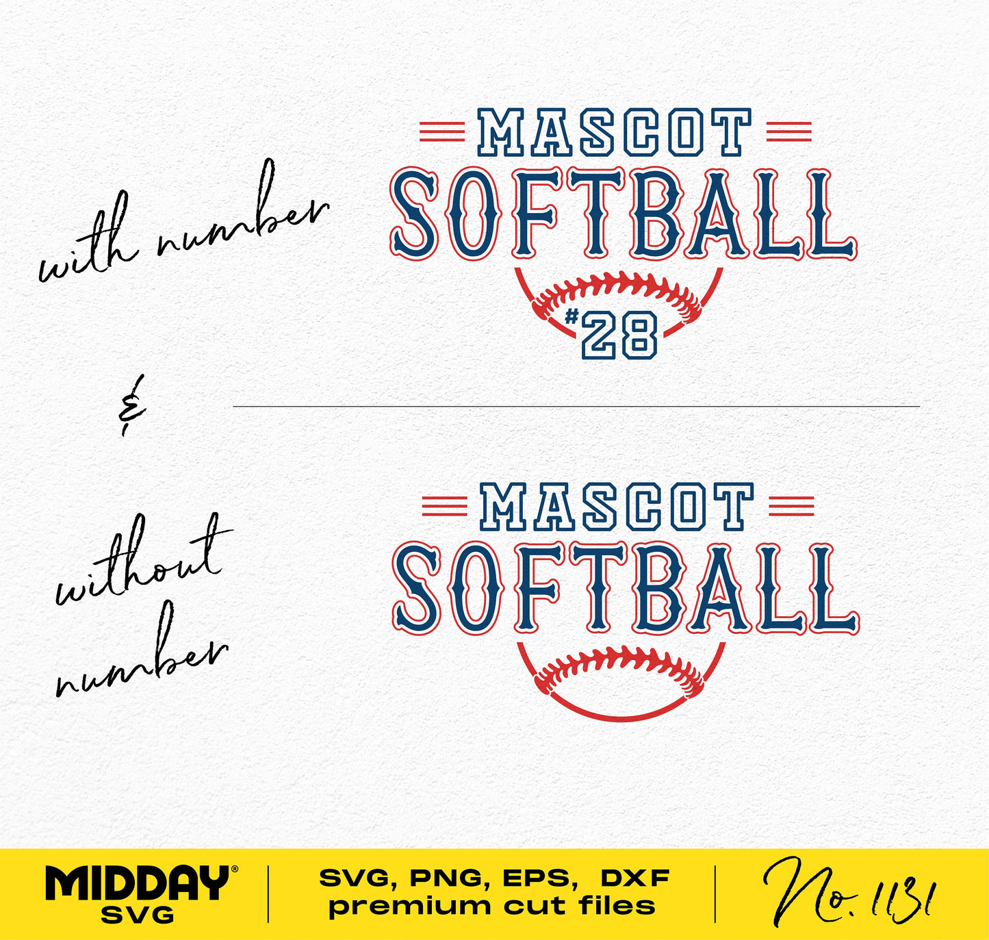 SVG file with 'Mascot Softball' text and sports logo; options include designs with and without numbers for DIY team shirts.