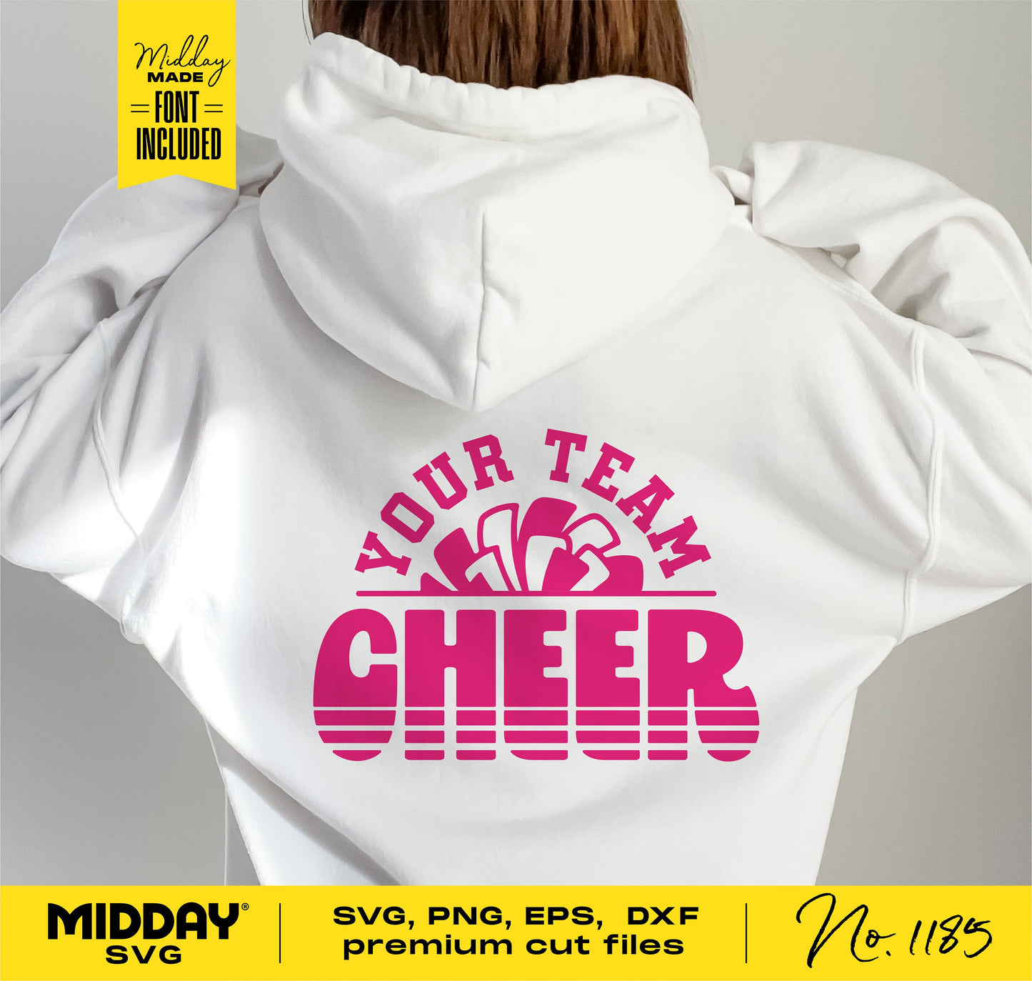 Cheer team design on white hoodie mockup, featuring "Your Team Cheer" with pom pom graphic, available in SVG, PNG, DXF formats for Cricut.