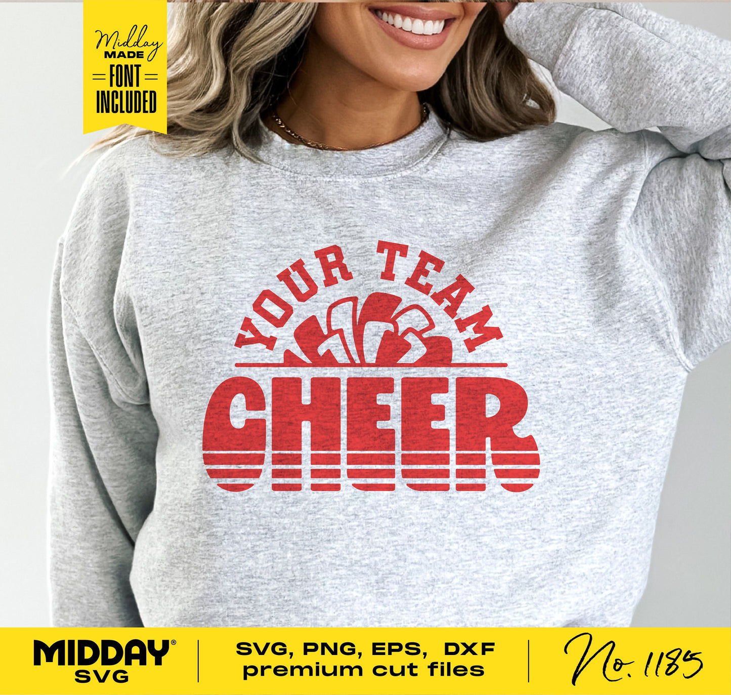 Cheerleading shirt mockup with 'Your Team Cheer' design, featuring SVG, PNG, EPS, DXF files for Cricut and Silhouette projects.