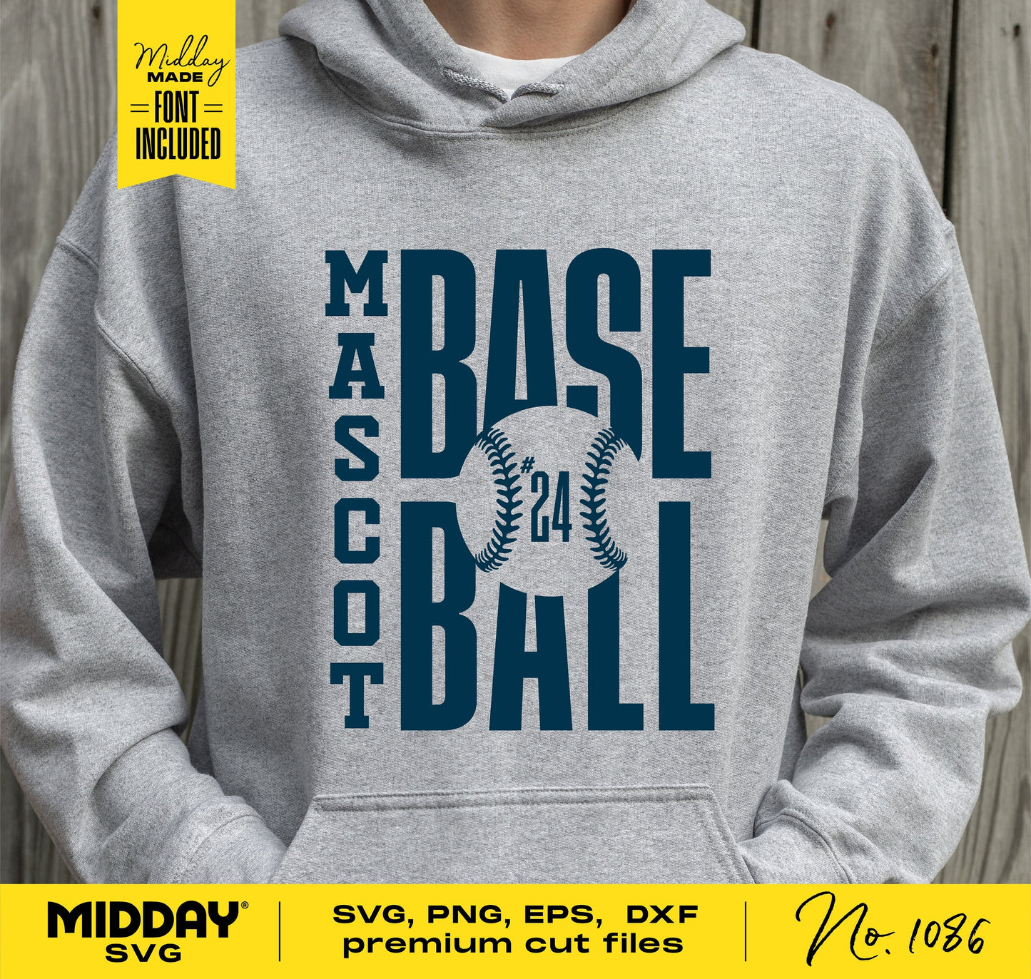 Gray hoodie featuring customizable baseball team template with "MASCOT BASEBALL" design, perfect for Cricut and Silhouette projects.