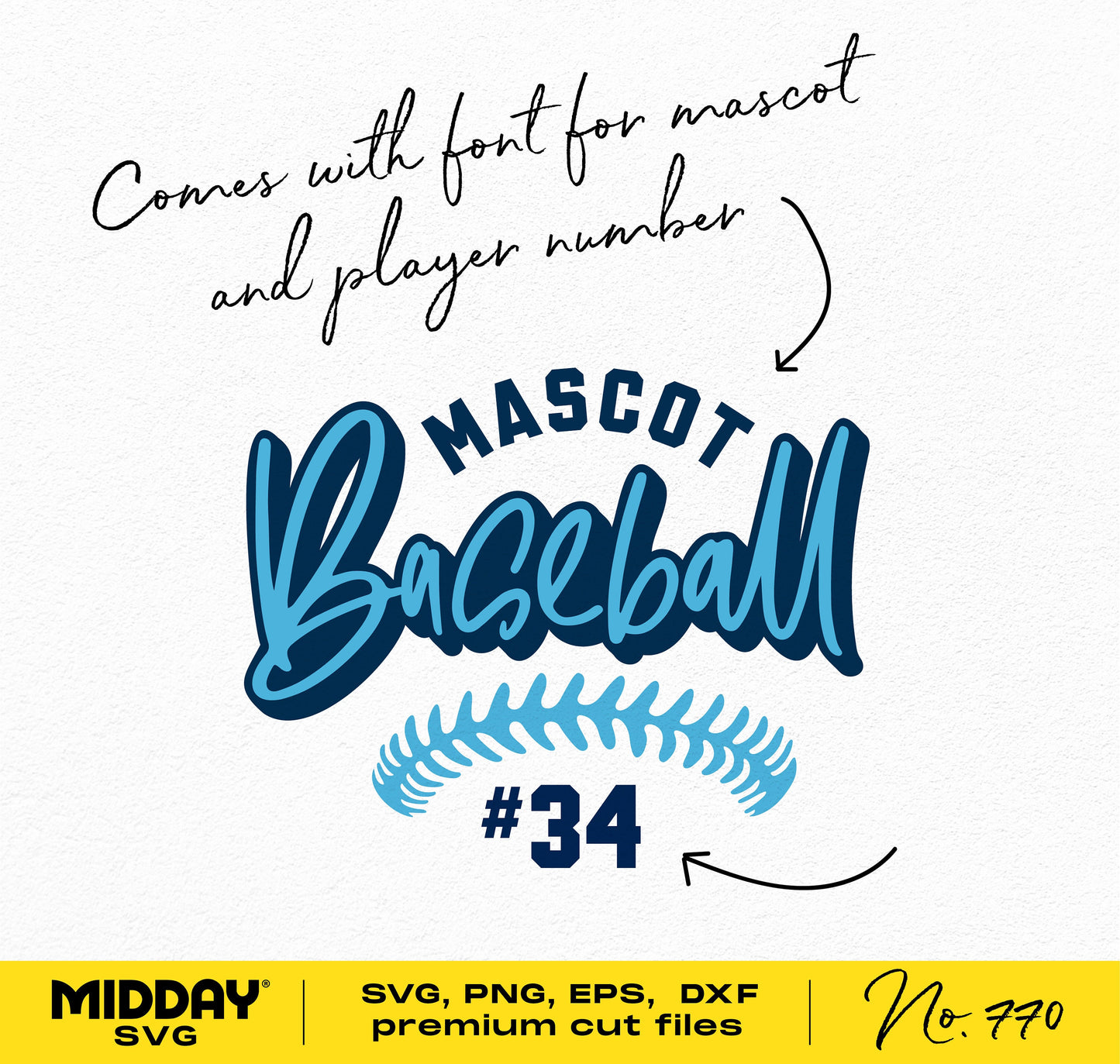 Mascot baseball SVG design with font for player number, includes SVG, PNG, EPS, DXF cut files for Cricut and Silhouette.