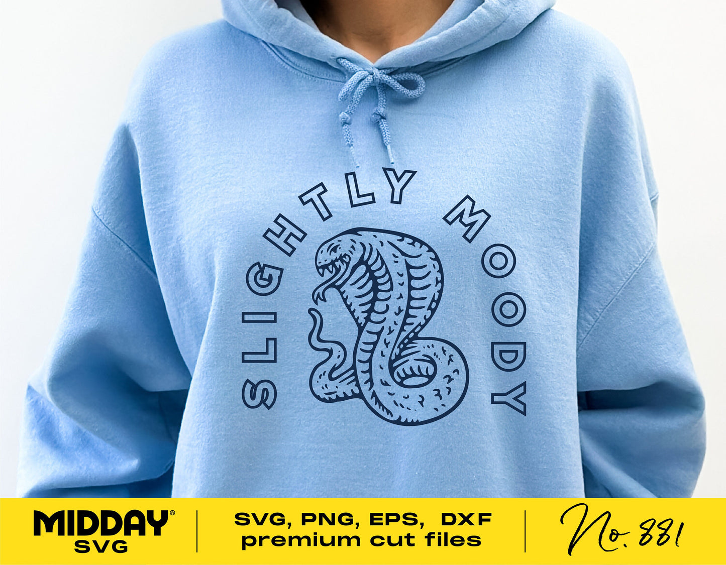 Blue hoodie with 'Slightly Moody' snake logo design from Midday SVG, featuring SVG, PNG, EPS, DXF premium cut files.