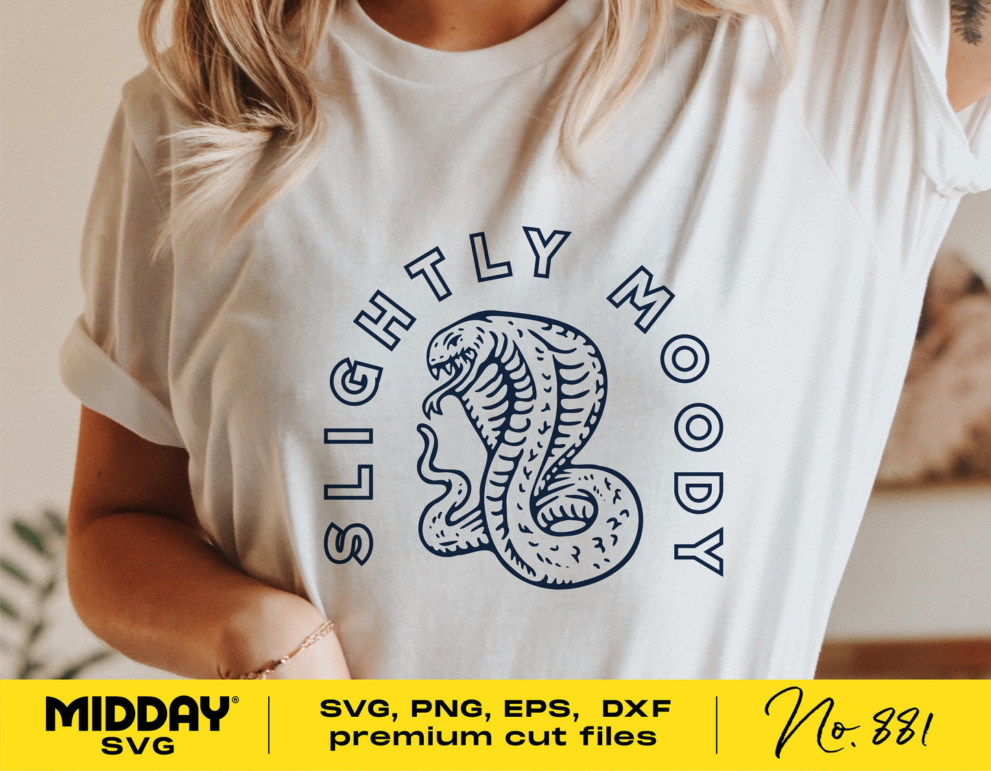 Woman wearing 'Slightly Moody' SVG design shirt featuring a snake, suitable for Cricut and Silhouette, available in various file formats.