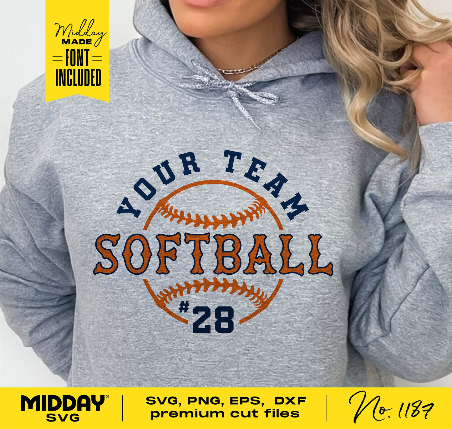 Person wearing hoodie with customizable softball team design, featuring "Your Team" text and baseball graphic. SVG, PNG, EPS, DXF files available.