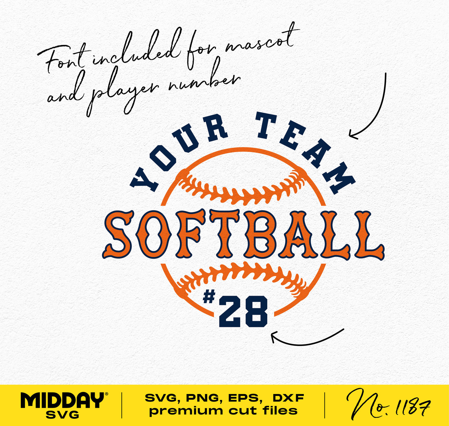 Softball team shirt design template with customizable team name and player number, SVG PNG DXF EPS files for Cricut, includes font.