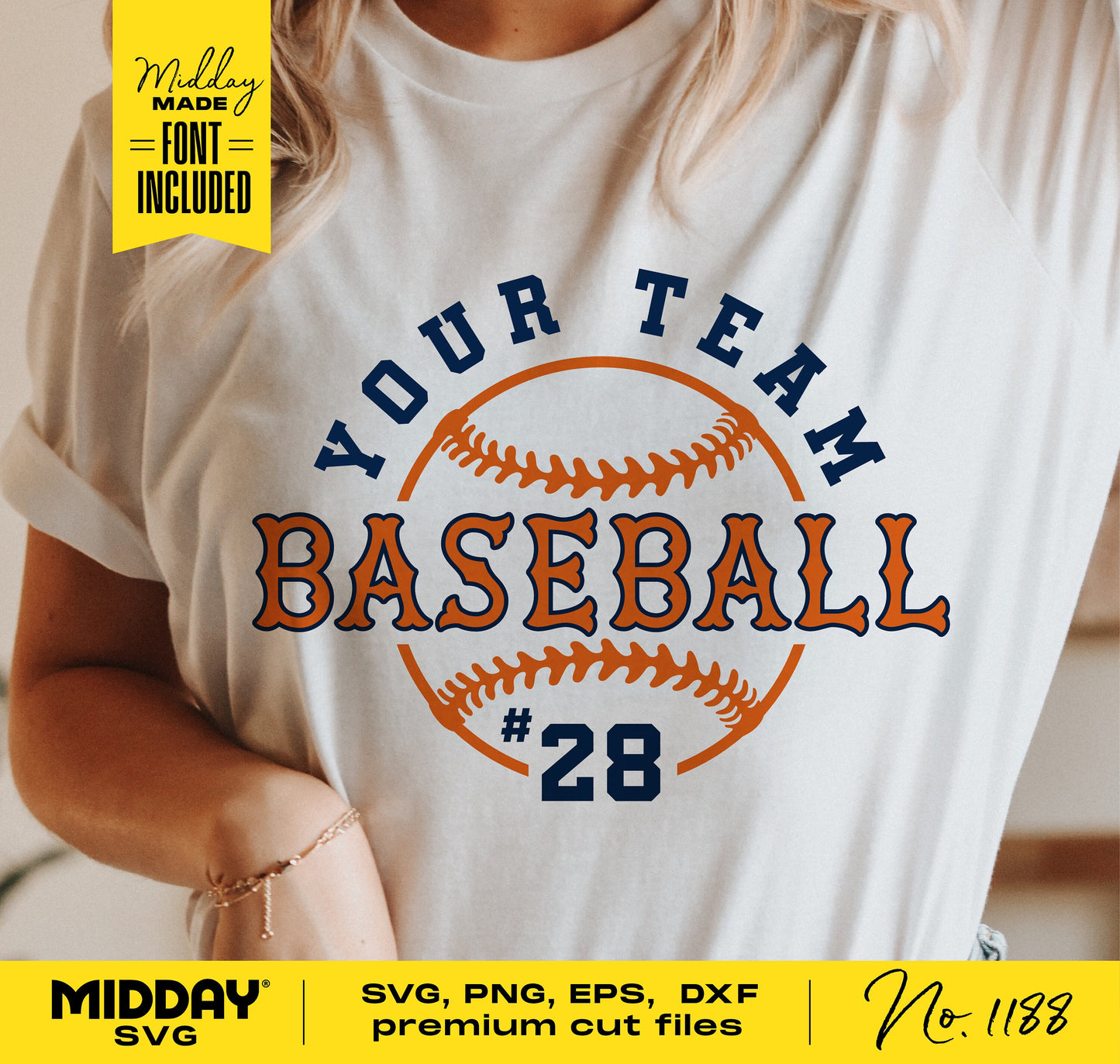Woman wearing a shirt with 'Your Team Baseball #28' design, showcasing SVG, PNG, EPS, DXF files for DIY baseball team shirts.