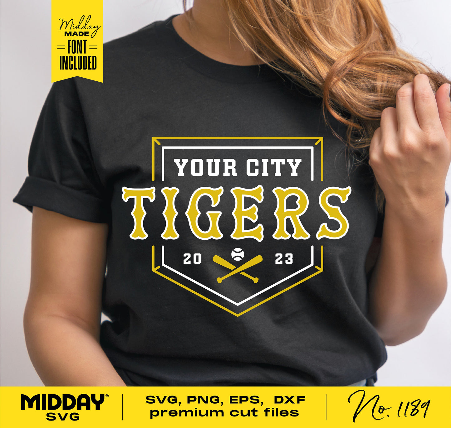 Woman wearing a T-shirt with 'Your City Tigers' vintage baseball team logo design, Cricut cut file available in SVG, PNG, DXF formats.