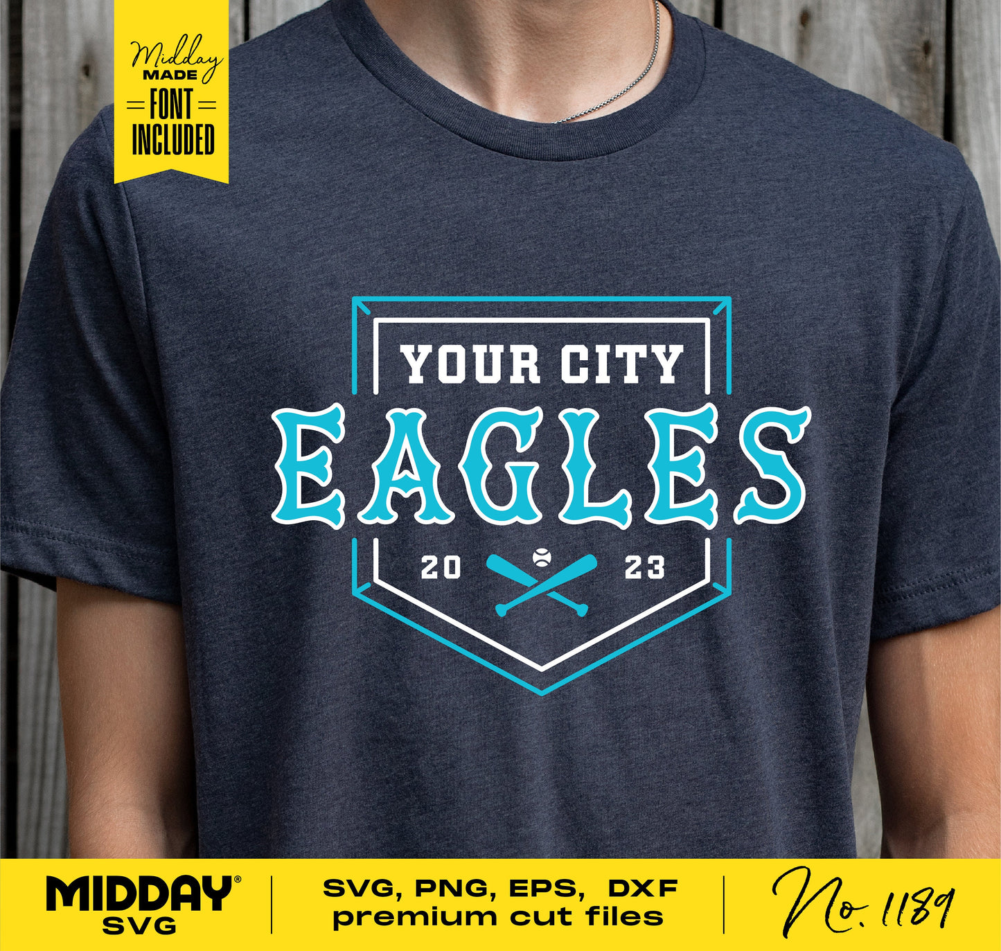 Vintage baseball team logo shirt with customizable city name and year, featuring crossed baseball bats icon in SVG, PNG, EPS, DXF formats.