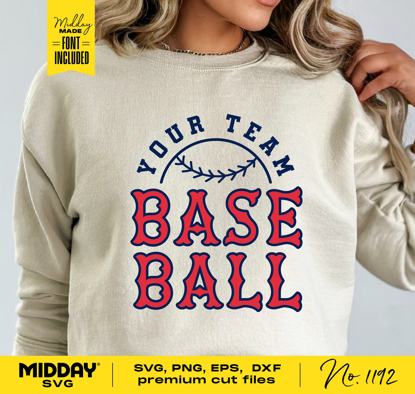 Woman wearing a 'Your Team Baseball' sweatshirt design, featuring baseball-inspired SVG, perfect for creating personalized sports apparel.