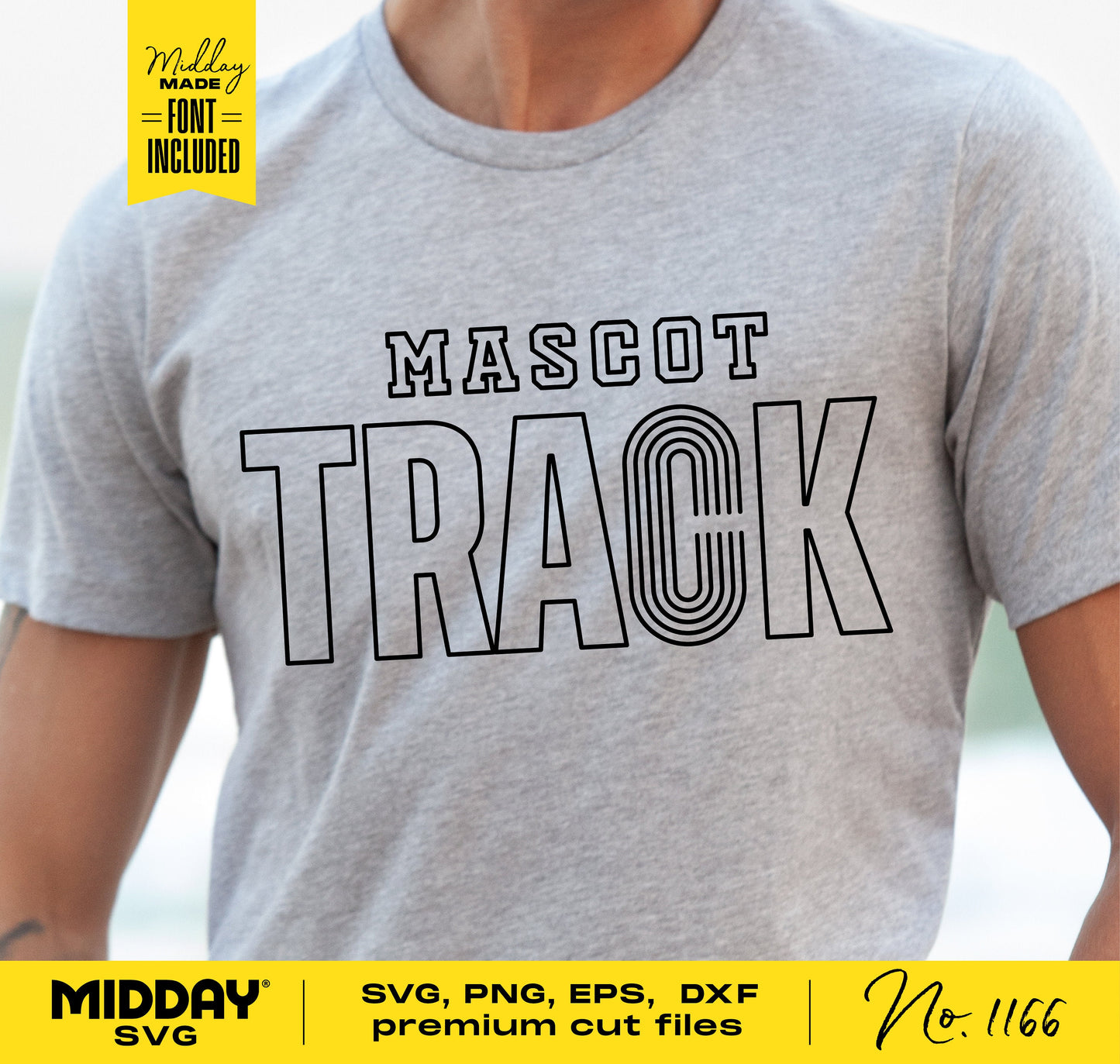 Person wearing a gray t-shirt with 'Mascot Track' design, available in SVG, PNG, EPS, DXF formats for Cricut and sublimation projects.